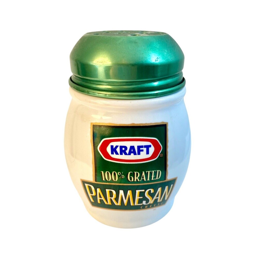 Vintage Kraft Parmesan Cheese Shaker Ceramic Bottle Clean White Green Metal Top